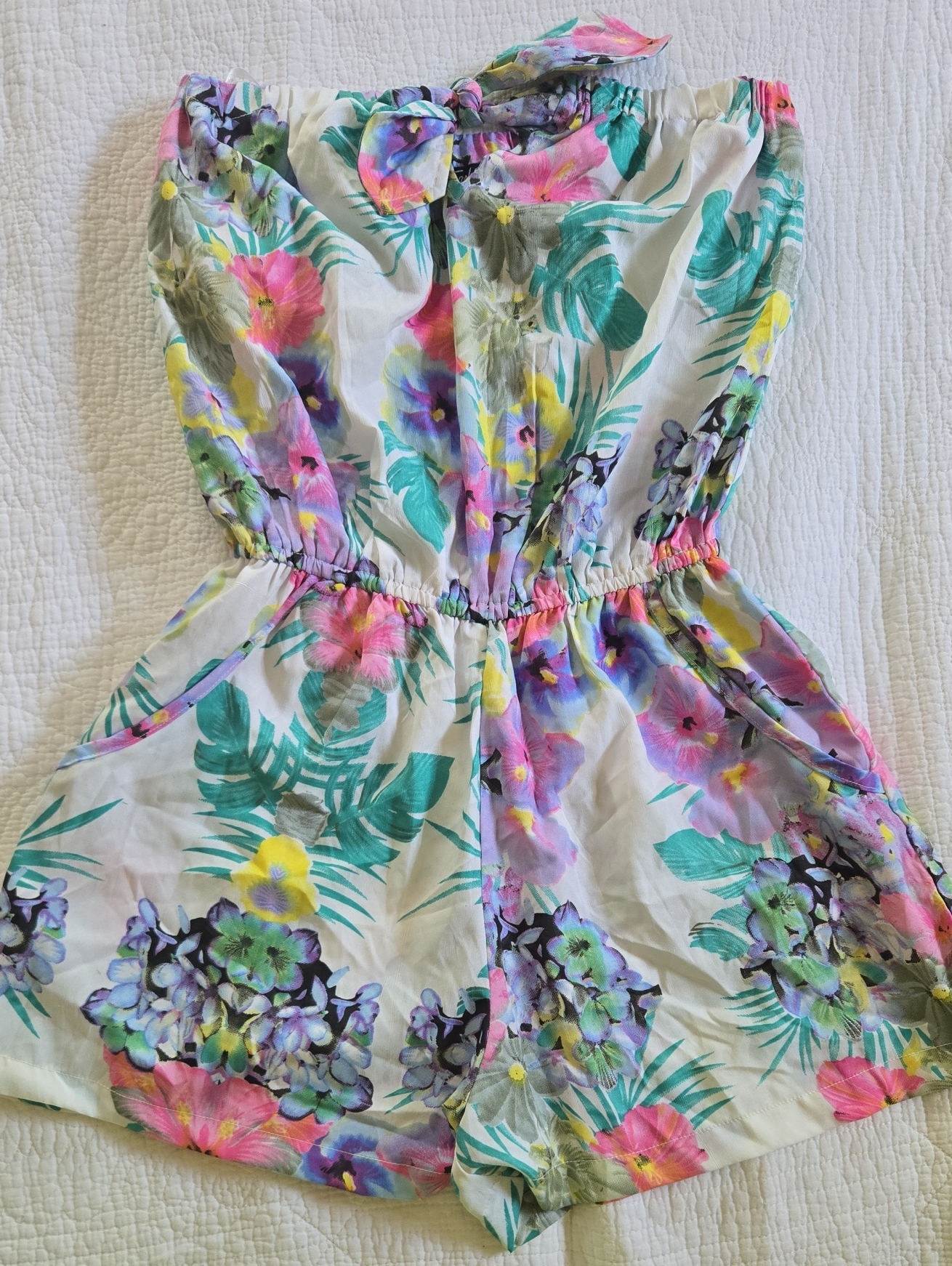 Women’s White Floral Strapless Romper With Tie Detail